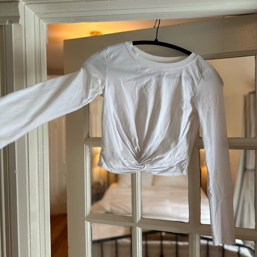 White Long Sleeve Cropped Twist Front Top